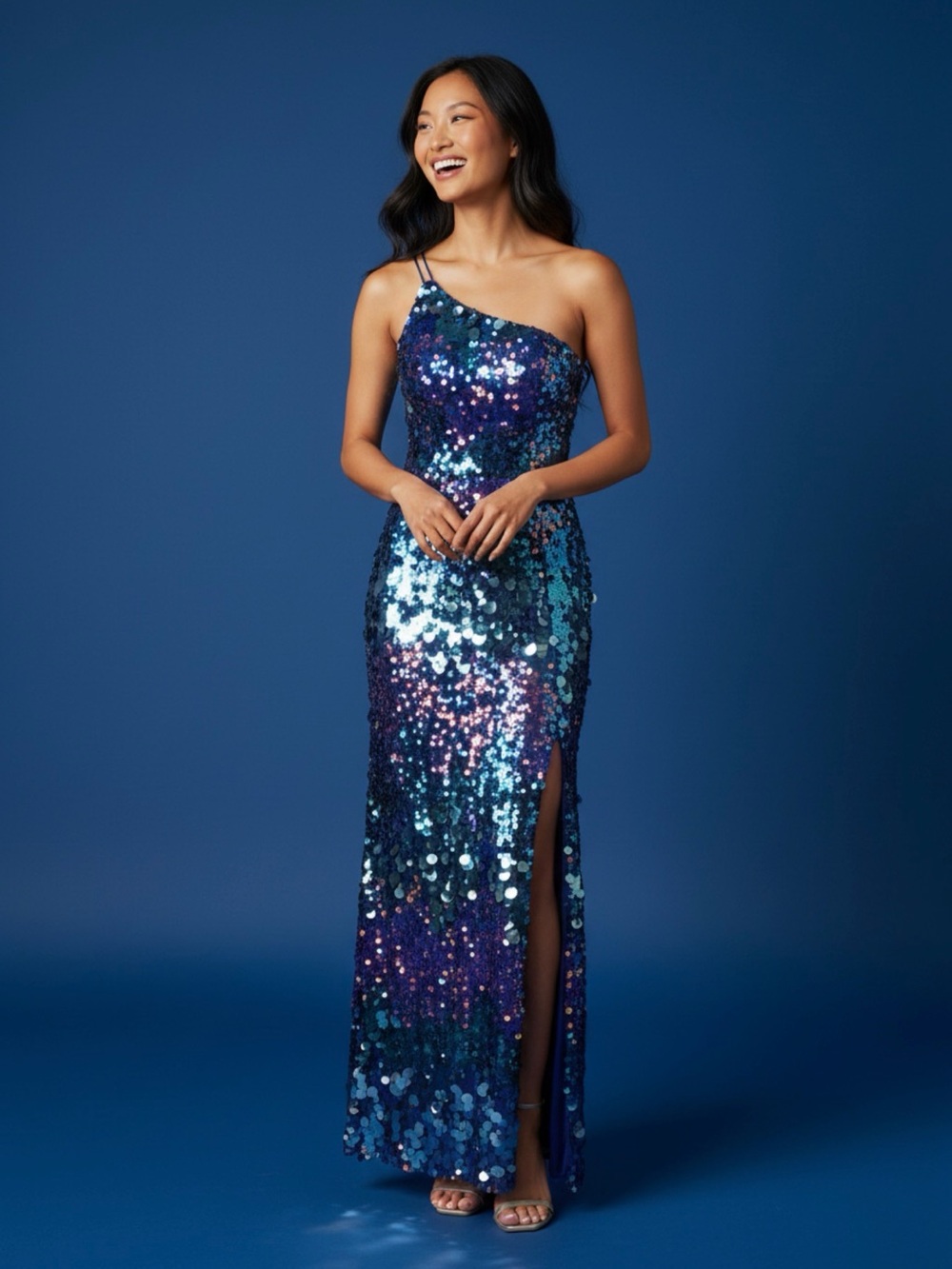 Xtraordinary Paillette Sequin One-Shoulder Gown with Thigh High Side Slit